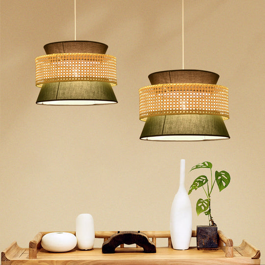 Rustic Rattan Pendant Light Fixture - Simplicity Single, Black/Green