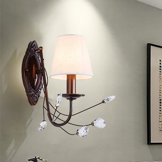 Modern Conical Fabric Wall Sconce - White 1/2-Light Fixture With Crystal Accent