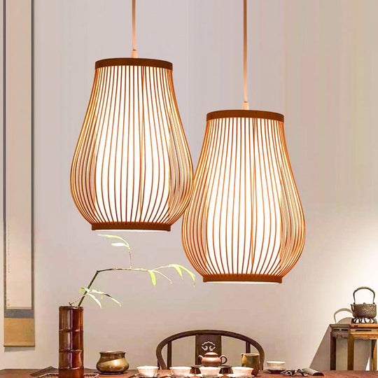 Asian Style Bamboo Pear Ceiling Lighting - 1 Bulb Wood Hanging Light For Restaurants