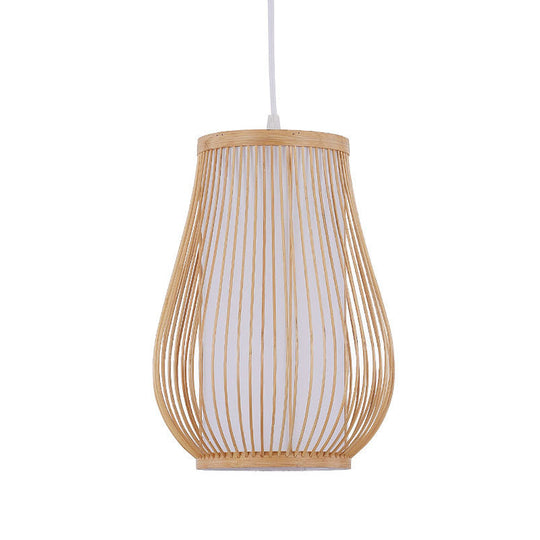 Asian Style Bamboo Pear Ceiling Lighting - 1 Bulb Wood Hanging Light For Restaurants