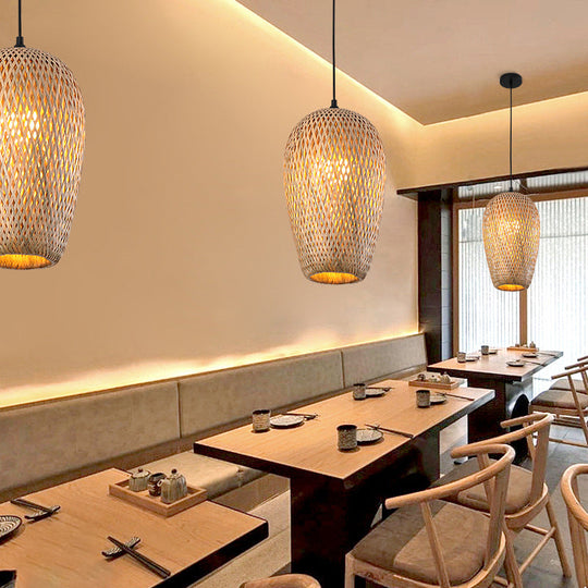 Modern Handcrafted Bamboo Pendant Light - Single Wood Hanging Ceiling Lamp For Restaurants