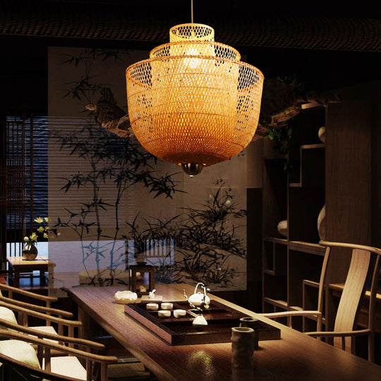 Minimalist Bamboo Pendant Ceiling Light - Layered Wood Suspension Lighting For Tea Room