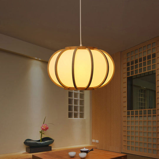 Simplicity Bamboo Curved Drum Suspension Pendant Light - 1-Light Tea Room Wood Design