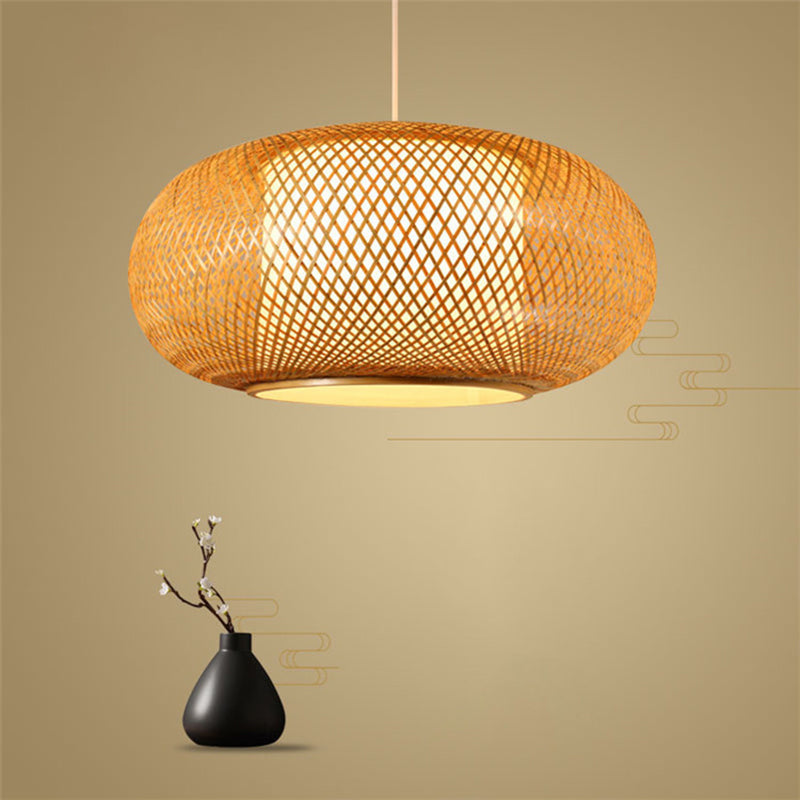 Asian Style Wood Pumpkin Shaded Ceiling Light With Bamboo Hanging Fixture - 1Bulb