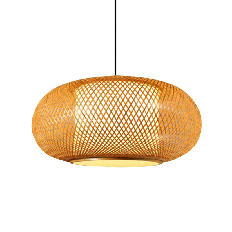 Asian Style Wood Pumpkin Shaded Ceiling Light With Bamboo Hanging Fixture - 1Bulb