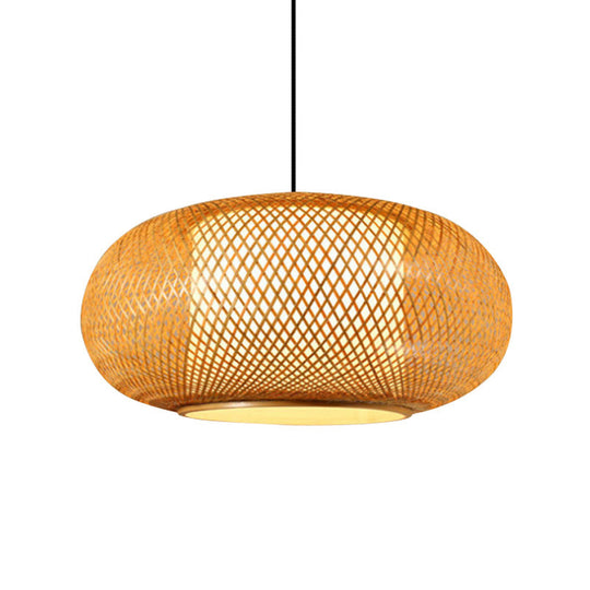 Asian Style Wood Pumpkin Shaded Ceiling Light With Bamboo Hanging Fixture - 1Bulb