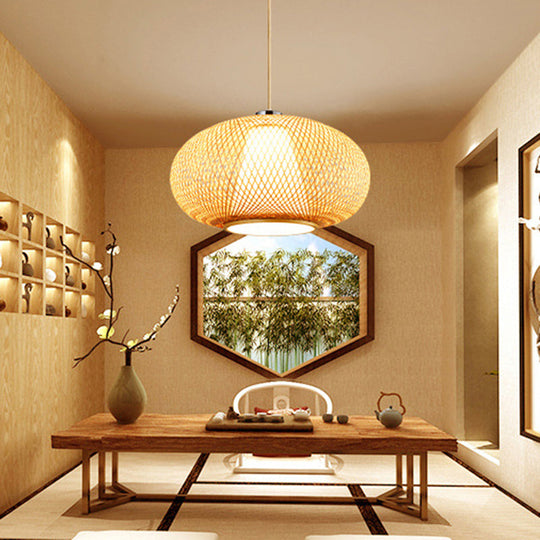 Bamboo Suspension Lighting: Minimalist Drum Pendant Ceiling Light Wood / 12.5