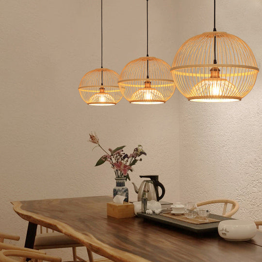 Minimalist Bamboo Sphere Pendant Light With Shade - Wood Suspension Ceiling Lamp