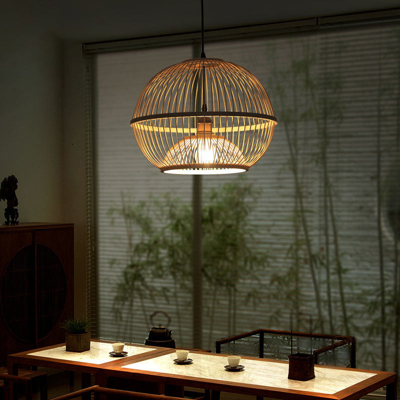 Minimalist Bamboo Sphere Pendant Light With Shade - Wood Suspension Ceiling Lamp