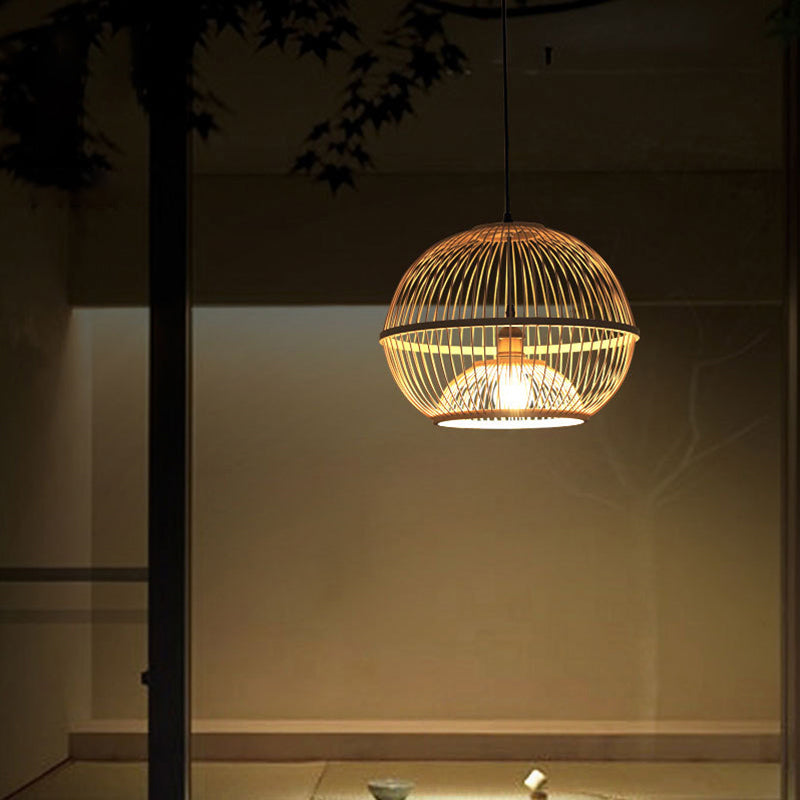 Minimalist Bamboo Sphere Pendant Light With Shade - Wood Suspension Ceiling Lamp