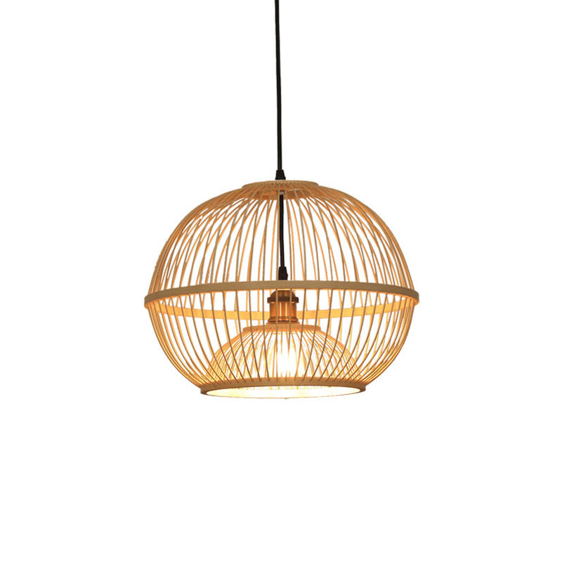 Minimalist Bamboo Sphere Pendant Light With Shade - Wood Suspension Ceiling Lamp