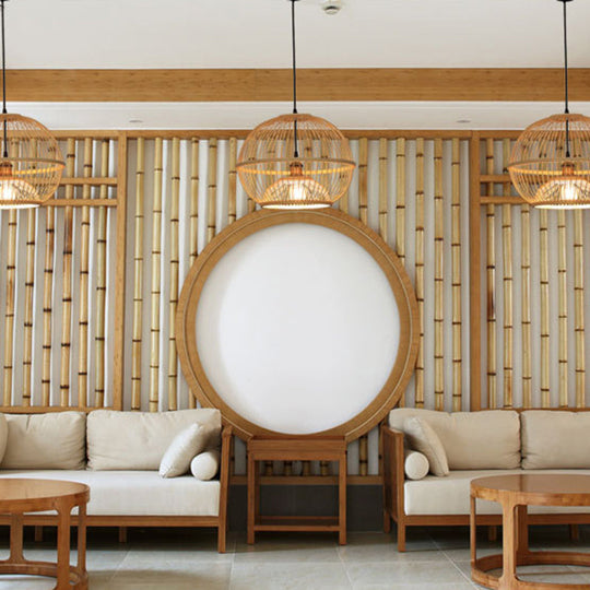 Minimalist Bamboo Sphere Pendant Light With Shade - Wood Suspension Ceiling Lamp