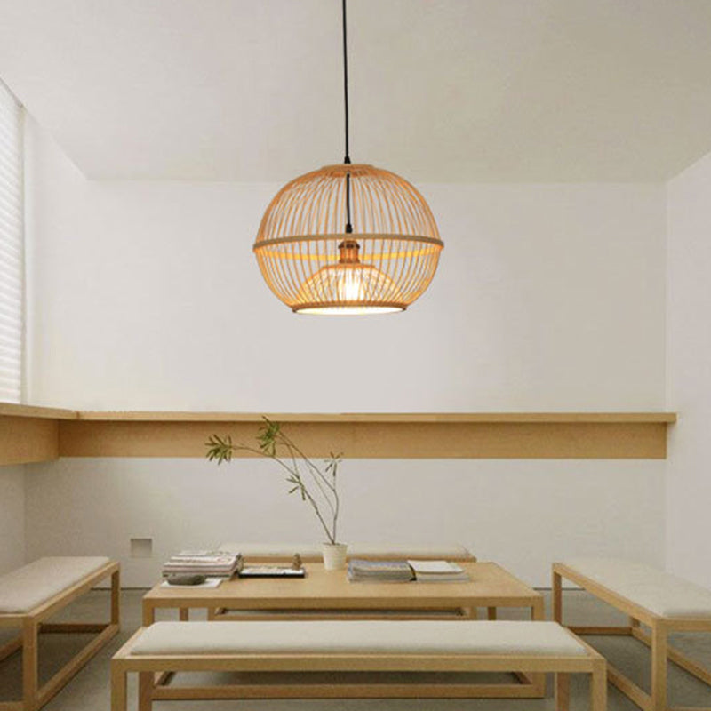 Minimalist Bamboo Sphere Pendant Light With Shade - Wood Suspension Ceiling Lamp