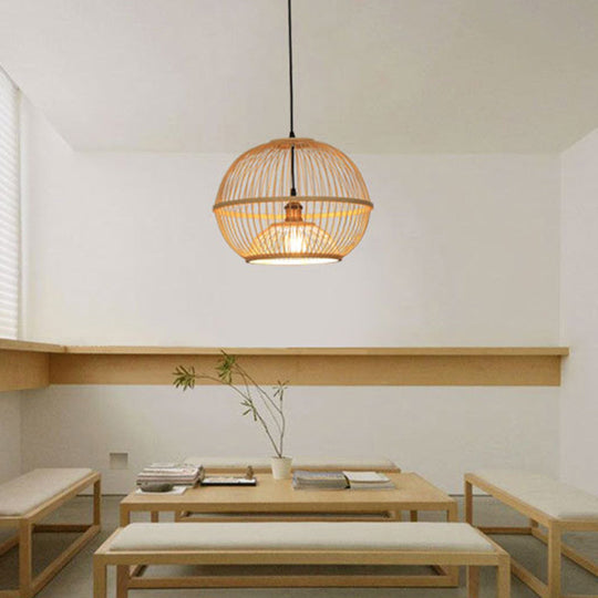 Minimalist Bamboo Sphere Pendant Light With Shade - Wood Suspension Ceiling Lamp