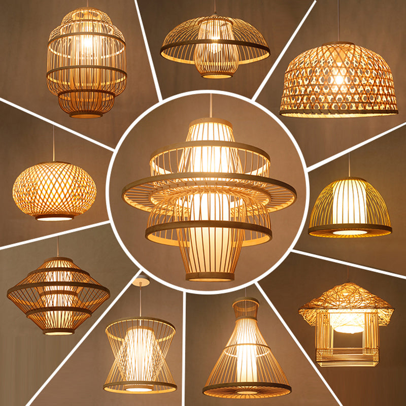 Simplicity 1-Light Bamboo Suspension Pendant: Handcrafted Wood Lighting Fixture For Restaurants