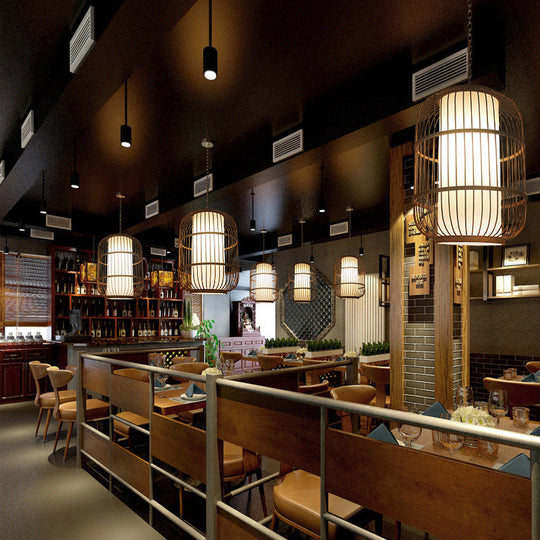 Modern Bamboo Pendant Light In Coffee - Single Hanging Ceiling For Restaurants