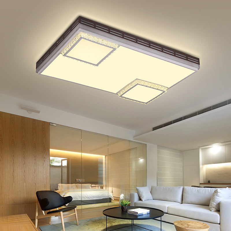 Simple Flush Mount LED Acrylic Ceiling Light with Crystal Accent - White Square/Rectangle, 24.5"/36" Width, Warm Light