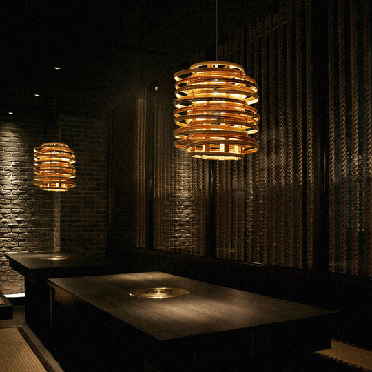 Rattan Hanging Ceiling Light - Asian Style With Wood Finish Suitable For Restaurants 1 Bulb Design