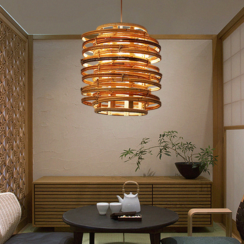 Rattan Hanging Ceiling Light - Asian Style With Wood Finish Suitable For Restaurants 1 Bulb Design