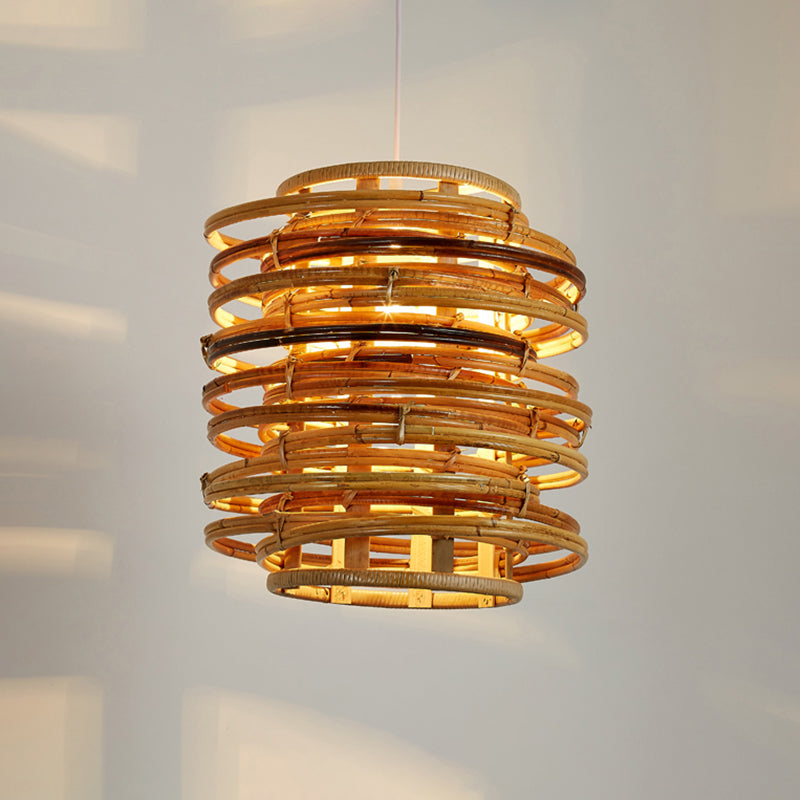 Rattan Hanging Ceiling Light - Asian Style With Wood Finish Suitable For Restaurants 1 Bulb Design