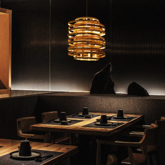 Rattan Hanging Ceiling Light - Asian Style With Wood Finish Suitable For Restaurants 1 Bulb Design