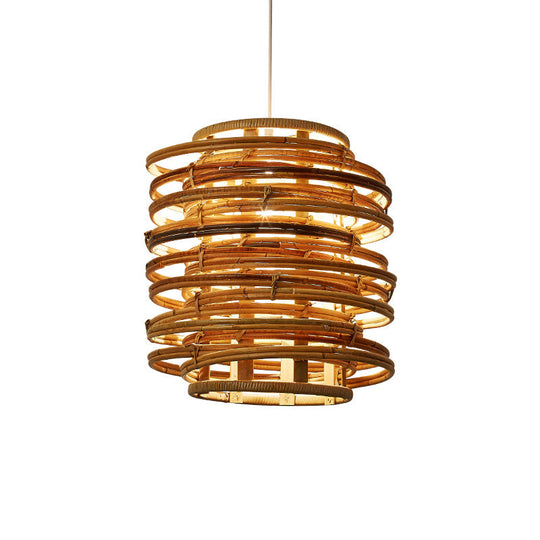 Rattan Hanging Ceiling Light - Asian Style With Wood Finish Suitable For Restaurants 1 Bulb Design