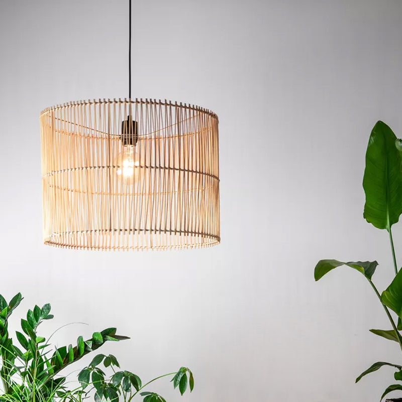 Modern Rattan Drum Shaded Pendant Light For Restaurant Ceiling