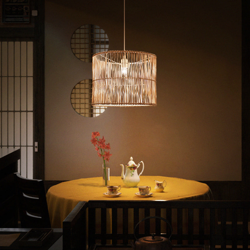 Modern Rattan Drum Shaded Pendant Light For Restaurant Ceiling