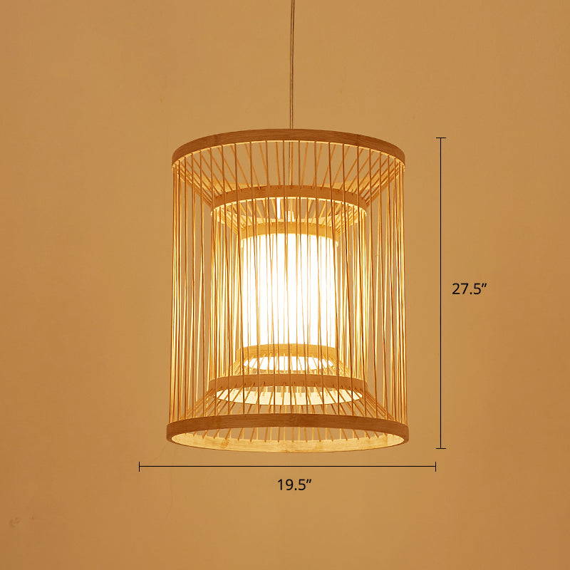 Simplicity Bamboo Tea Room Pendant Light: Cylindrical Suspension 1-Light Wood Fixture