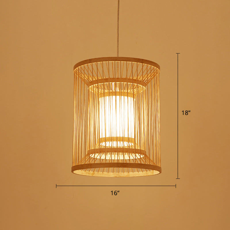 Simplicity Bamboo Tea Room Pendant Light: Cylindrical Suspension 1-Light Wood Fixture