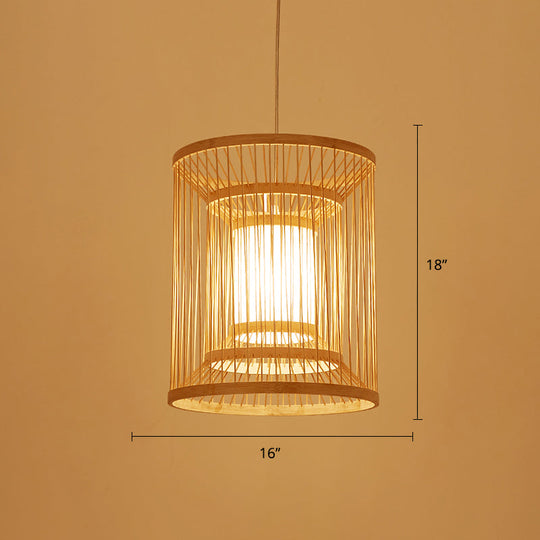 Simplicity Bamboo Tea Room Pendant Light: Cylindrical Suspension 1-Light Wood Fixture / 16