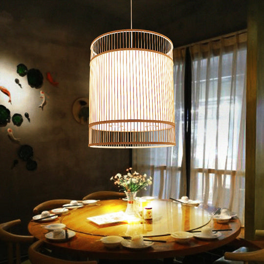 Asian Style Bamboo Hanging Light - Wood Cylinder Ceiling Pendant For Restaurants