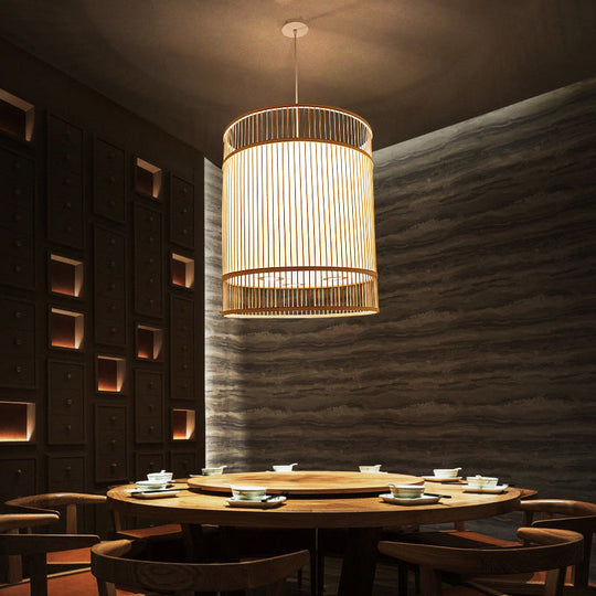 Asian Style Bamboo Hanging Light - Wood Cylinder Ceiling Pendant For Restaurants