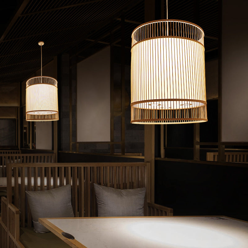 Asian Style Bamboo Hanging Light - Wood Cylinder Ceiling Pendant For Restaurants