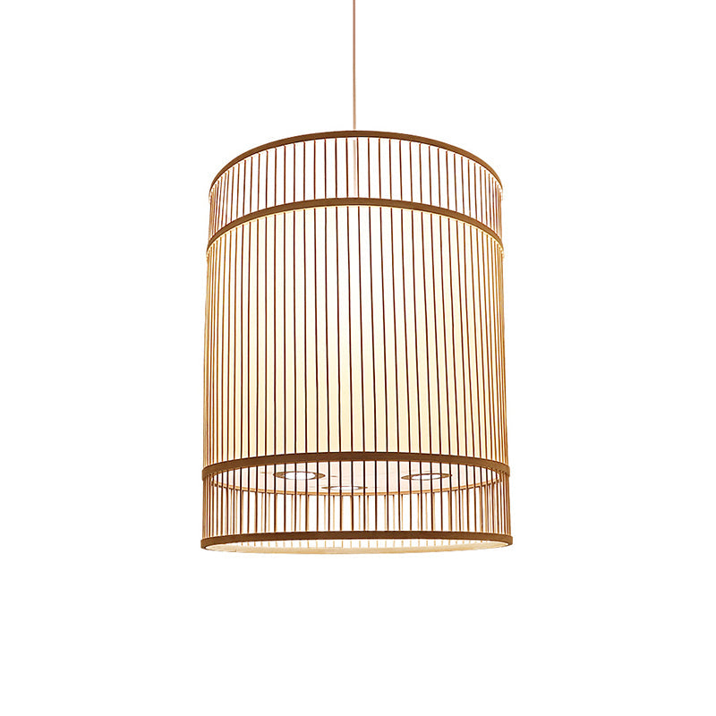 Asian Style Bamboo Hanging Light - Wood Cylinder Ceiling Pendant For Restaurants