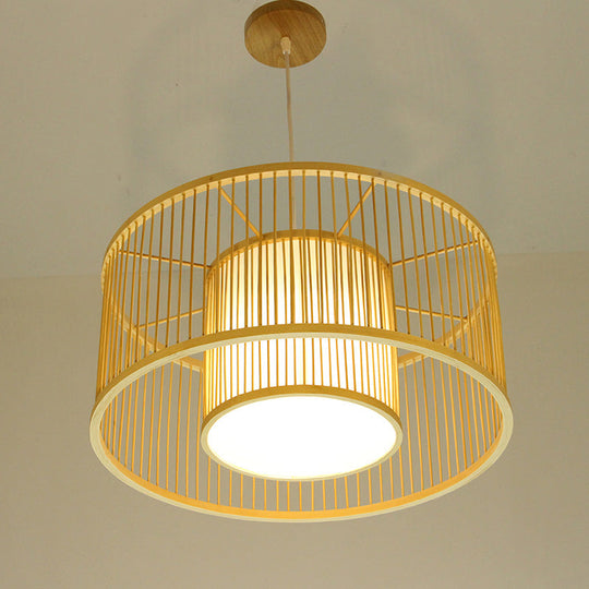 Minimalist Bamboo Drum Pendant Ceiling Light - Wood Finish Ideal For Restaurants