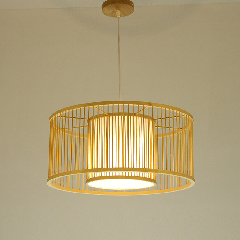 Minimalist Bamboo Drum Pendant Ceiling Light - Wood Finish Ideal For Restaurants / 12.5