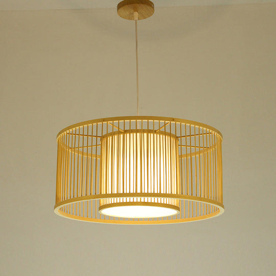 Minimalist Bamboo Drum Pendant Ceiling Light - Wood Finish Ideal For Restaurants / 12.5