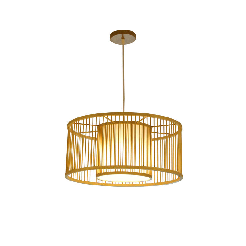 Minimalist Bamboo Drum Pendant Ceiling Light - Wood Finish Ideal For Restaurants