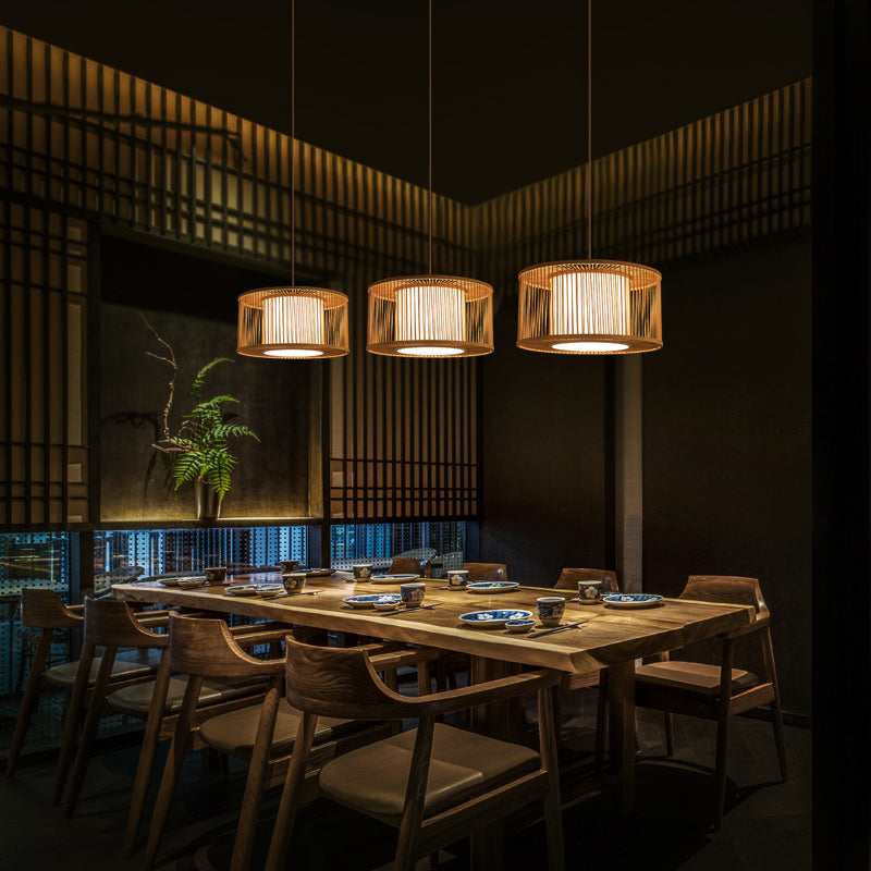 Modern Bamboo Drum Pendant Light - Sleek Round Design For Restaurants Wood Ceiling Hanging