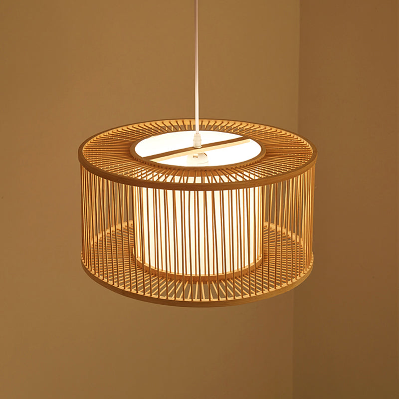 Modern Bamboo Drum Pendant Light - Sleek Round Design For Restaurants Wood Ceiling Hanging