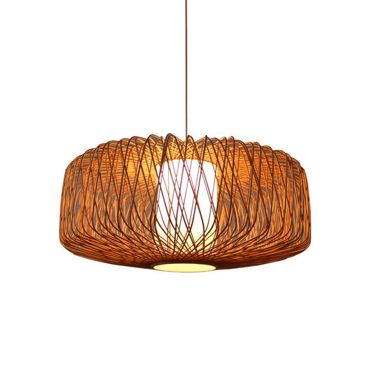 Bamboo Drum Pendant Light - Stylish Single-Bulb Suspension Fixture For Contemporary Tea Room Décor