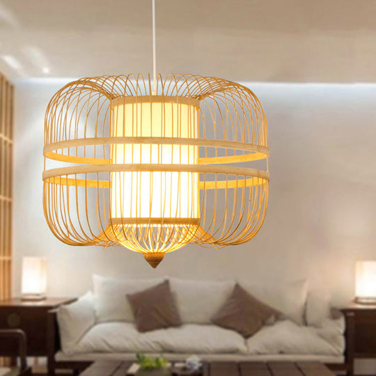 Wood Pendant Light: Bamboo Curved Drum Suspension Light Simplicity Design 1-Light Fixture