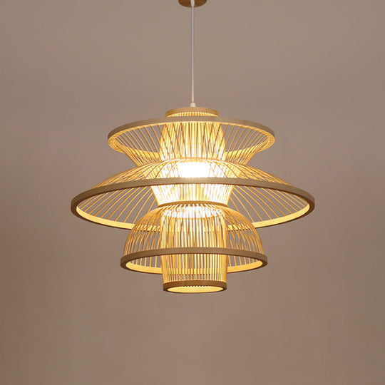 Asian Style Bamboo Ceiling Light For Restaurants With Lotus-Inspired Design And Wood Hanging Fixture