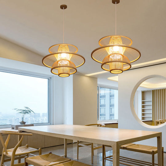 Asian Style Bamboo Ceiling Light For Restaurants With Lotus-Inspired Design And Wood Hanging Fixture