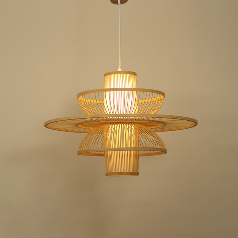 Asian Style Bamboo Ceiling Light For Restaurants With Lotus-Inspired Design And Wood Hanging Fixture