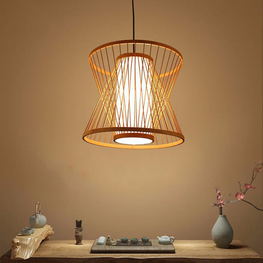 Simplicity Bamboo Pendant Light Fixture With Wood Hourglass Frame And Shaded Suspension Design