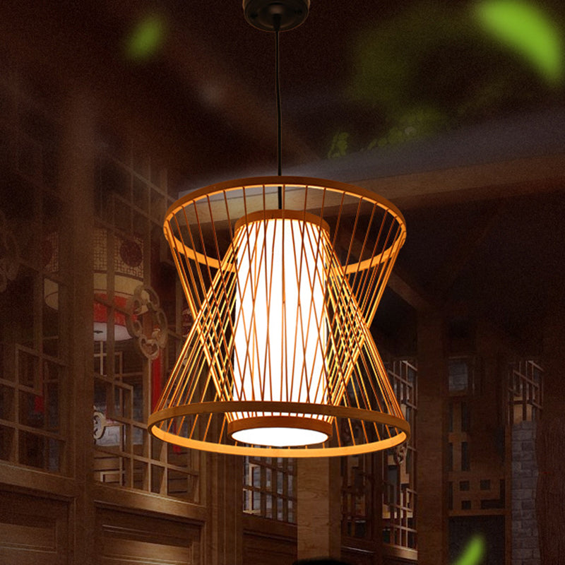 Simplicity Bamboo Pendant Light Fixture With Wood Hourglass Frame And Shaded Suspension Design