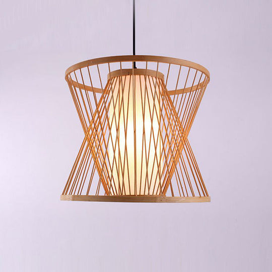 Simplicity Bamboo Pendant Light Fixture With Wood Hourglass Frame And Shaded Suspension Design