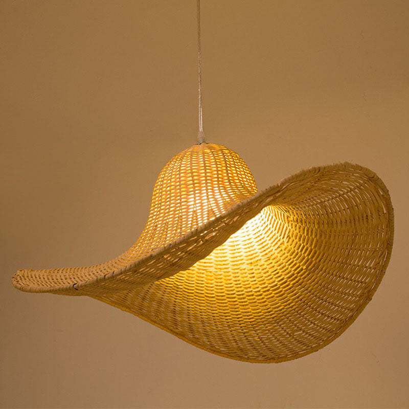 South-East Straw Hat Rattan Pendant Light: Tea Room Wood Hanging Ceiling Lamp